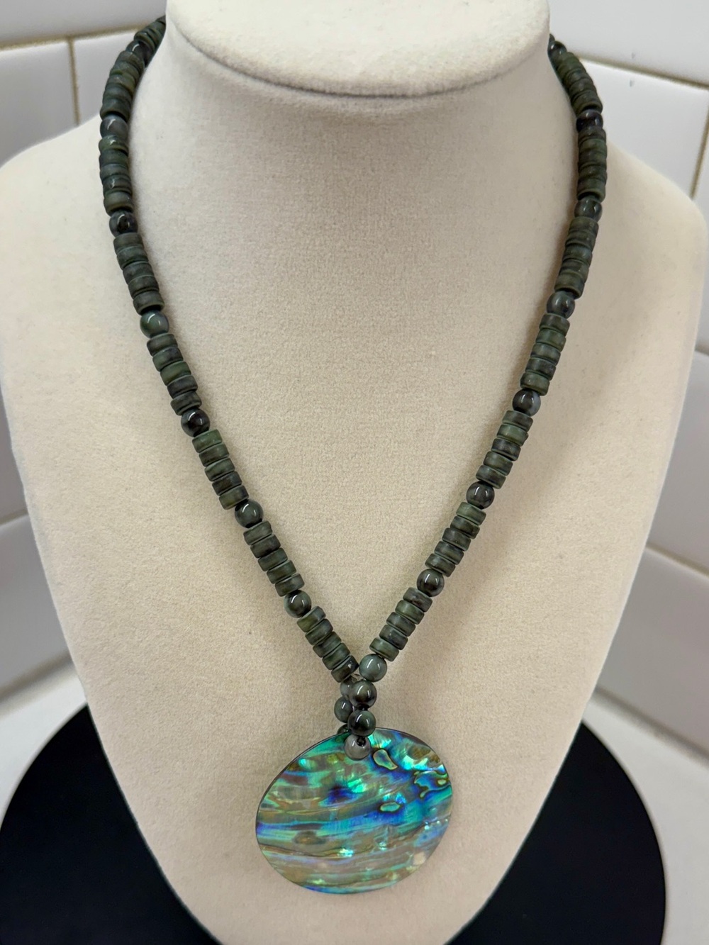 Abalone Shell Pendant Beaded Choker Necklace 16" Boho Statement